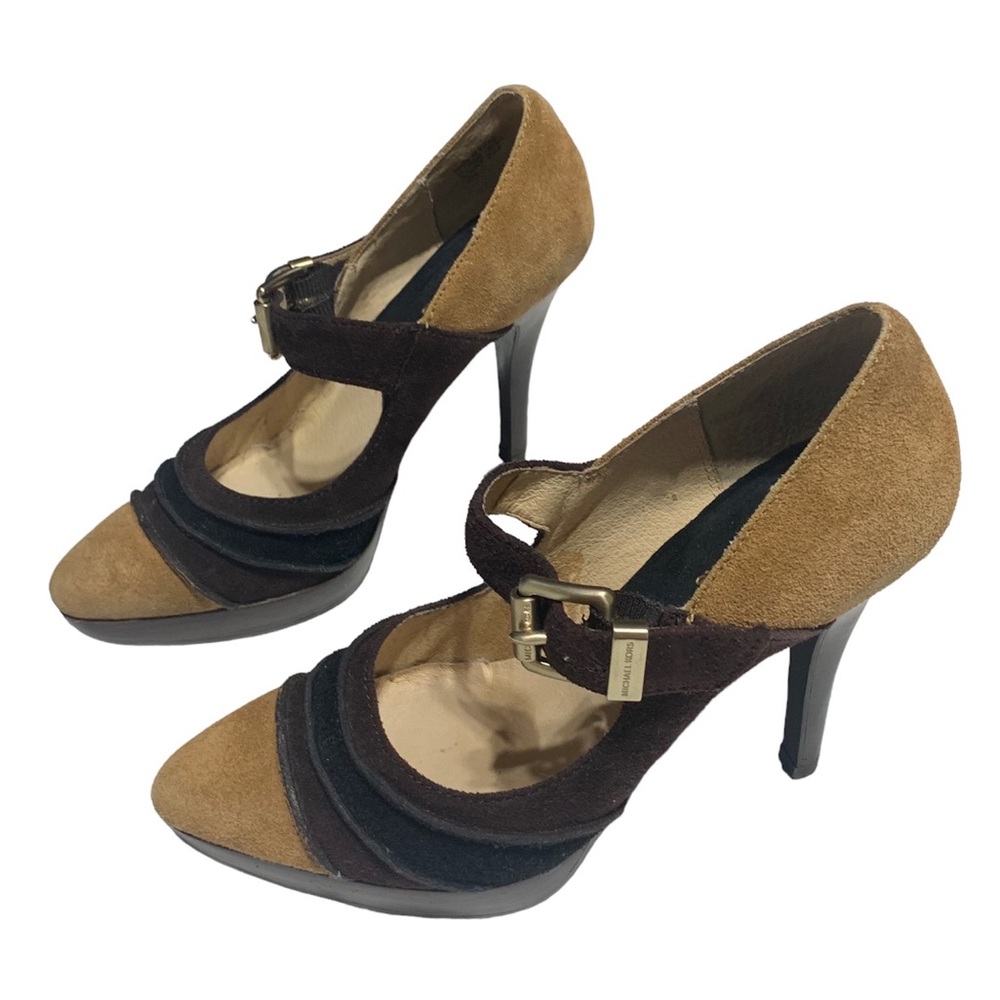 MICHAEL Michael Kors Brown Tan Black Suede Maryjane Gold Accent Logo Pump Size 6